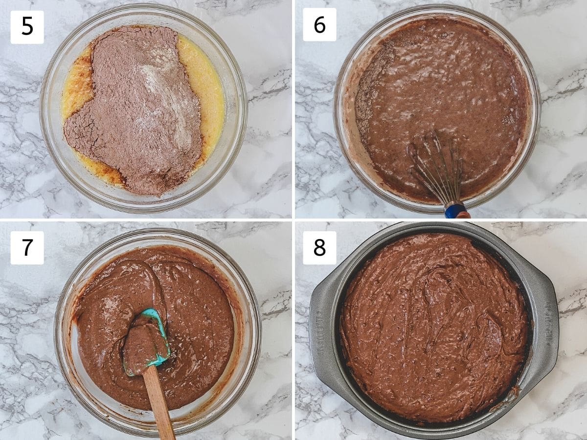 Collage of 4 steps showing adding dry to wet and making batter, adding into cake pan.