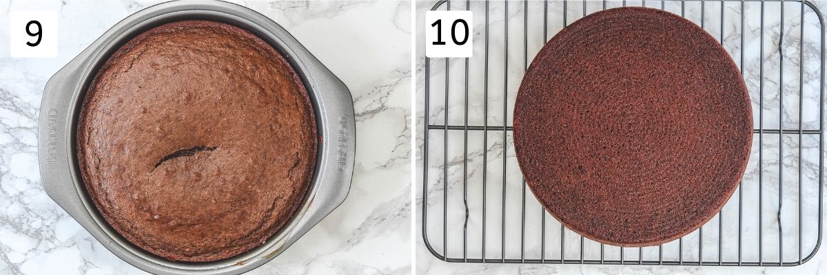 Collage of 2 steps showing baked cake in a pan and on a cooling rack.