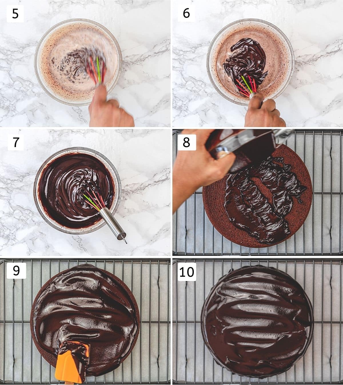 Collage of 6 steps showing ganache making texture at different stages and pouring over the cake.