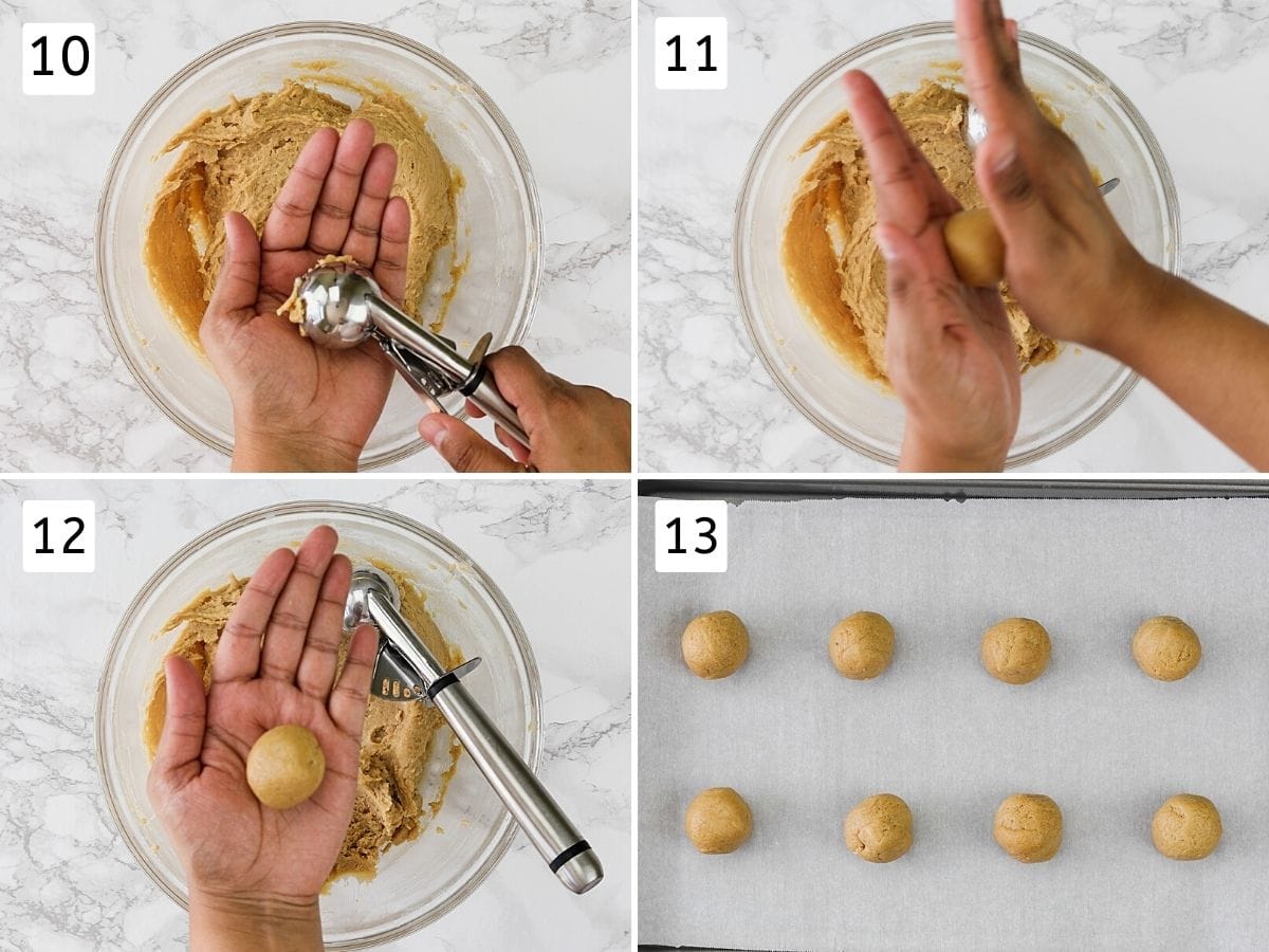 Collage of 4 steps showing rolling cookie ball and arranging on the tray.