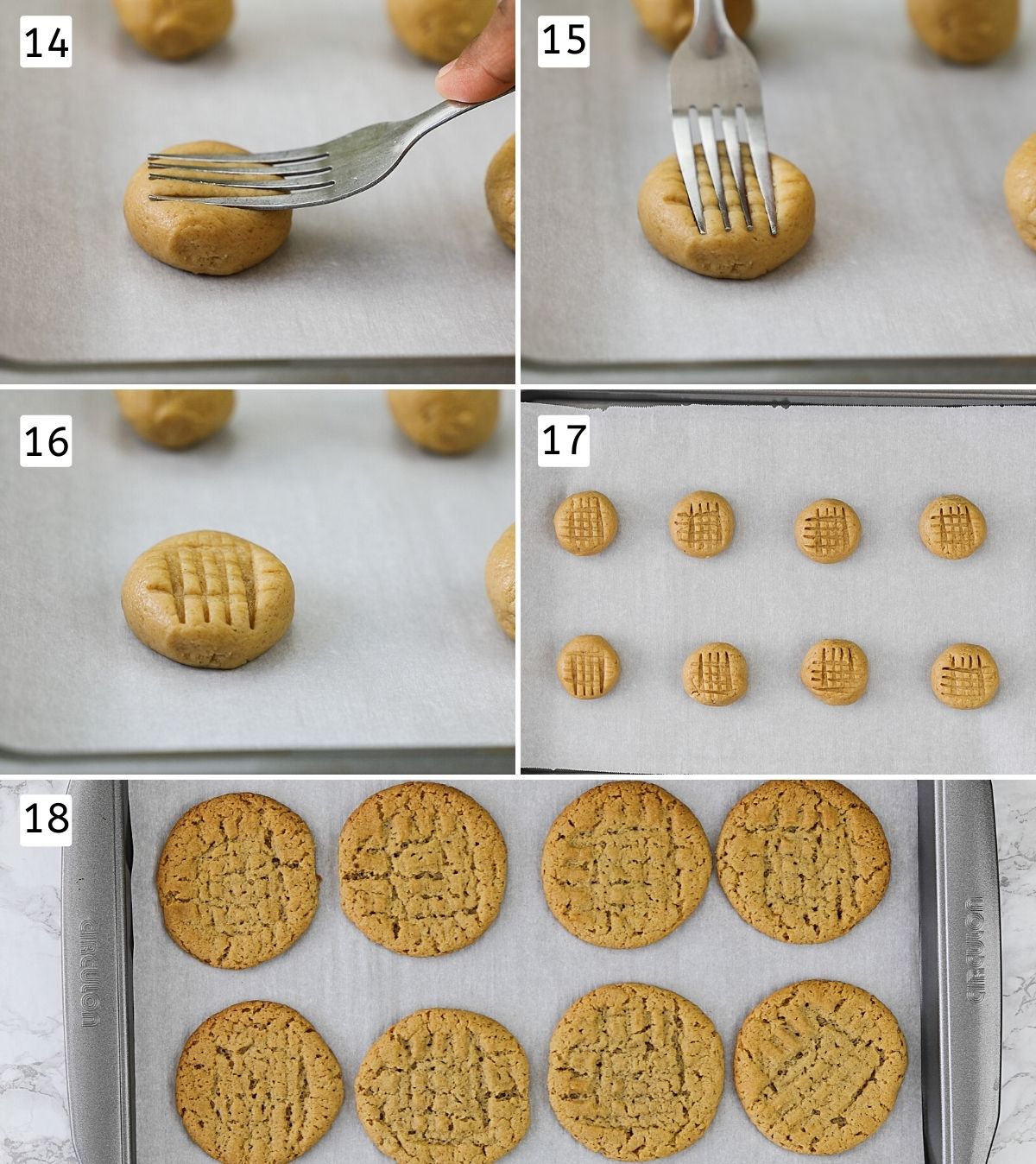 Collage of 5 steps of making criss-cross pattern and baked cookies.