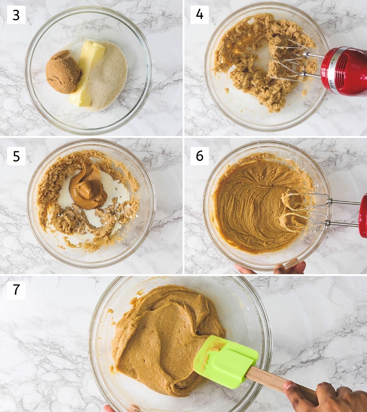 Collage of 5 steps showing creaming butter, sugar and adding mixing rest wet ingredients.