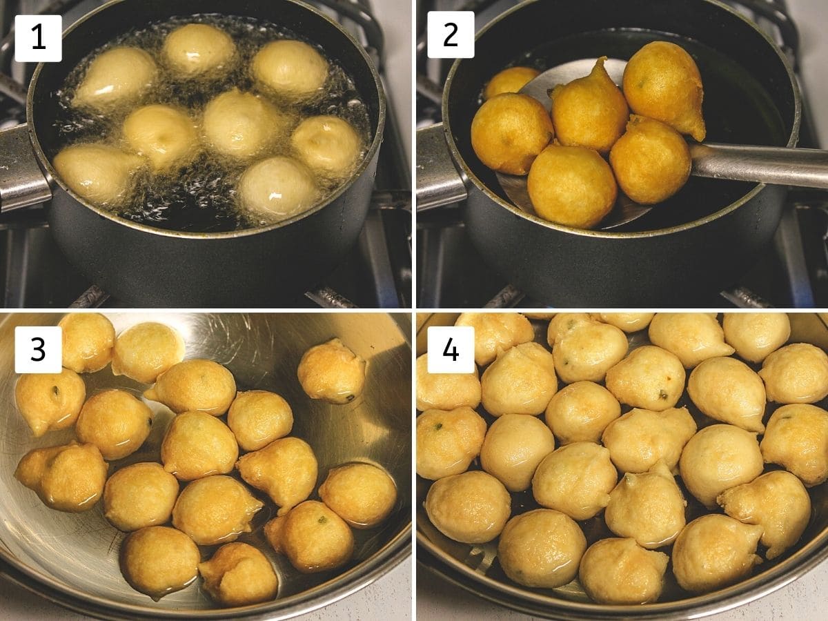 Collage of 4 steps showing deep frying vada and soaking into the water.