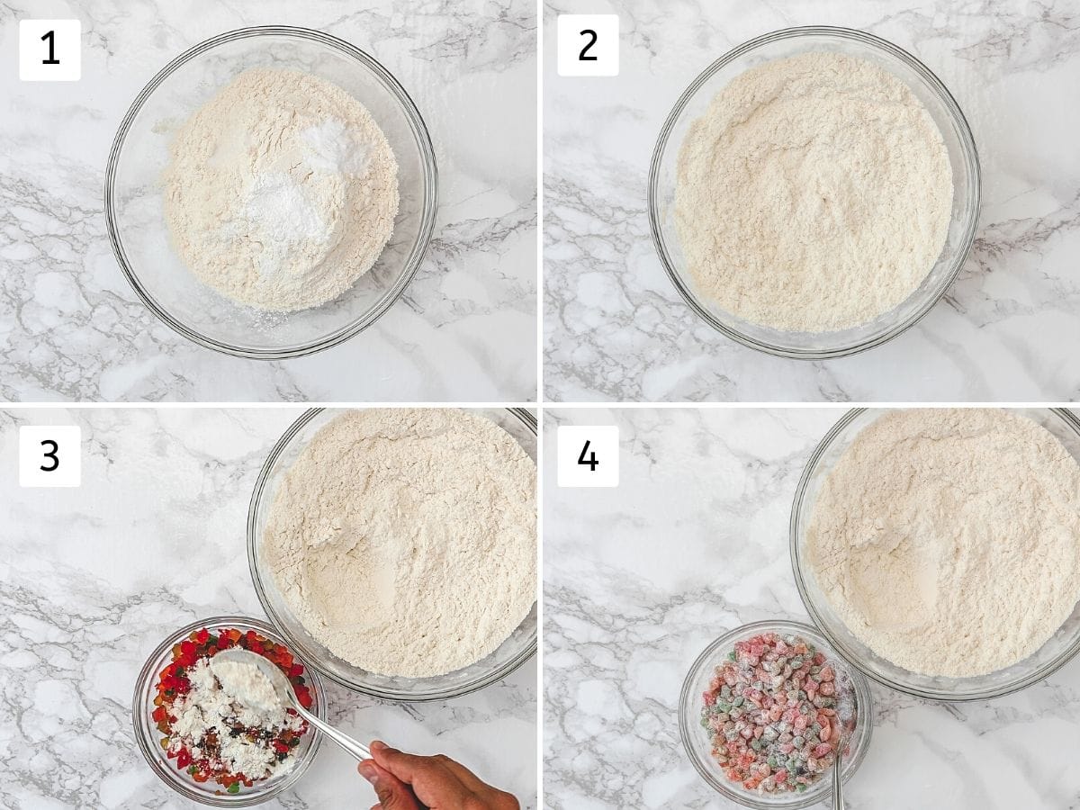 Collage of 4 steps showing mixing dry flour mixture and coating tutti frutti with flour.