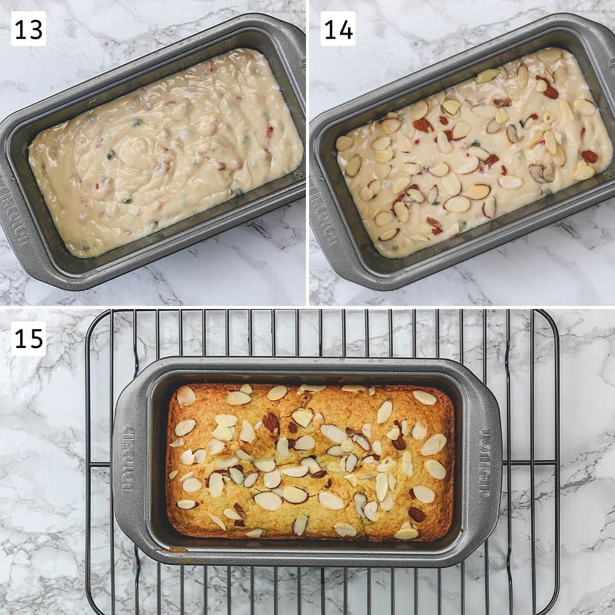 Collage of 3 steps showing batter in a loaf pan, sliced almonds sprinkled and baked cake.