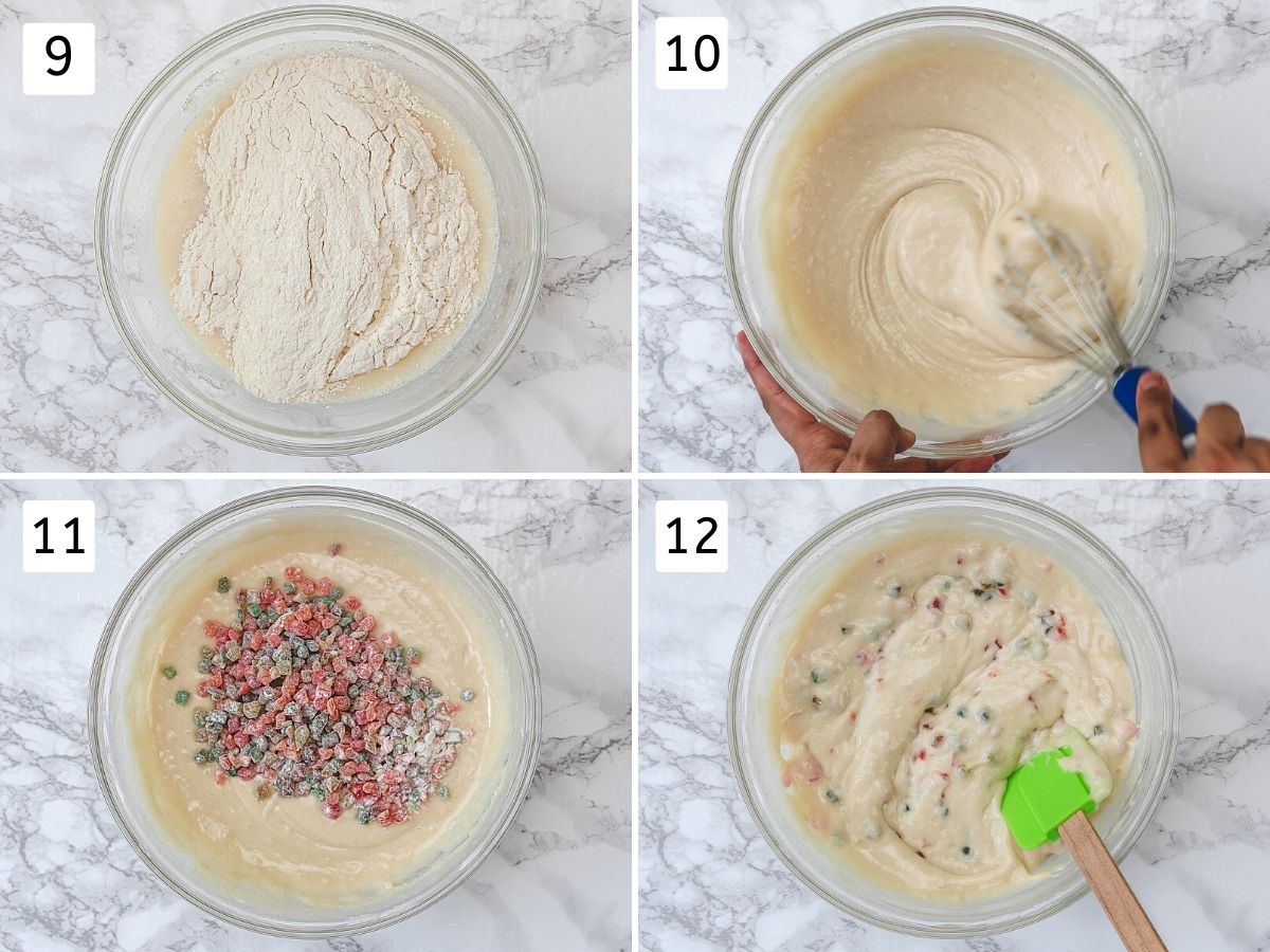 Collage of 4 steps showing adding dry to wet mixture, making batter and mixing tutti frutti.
