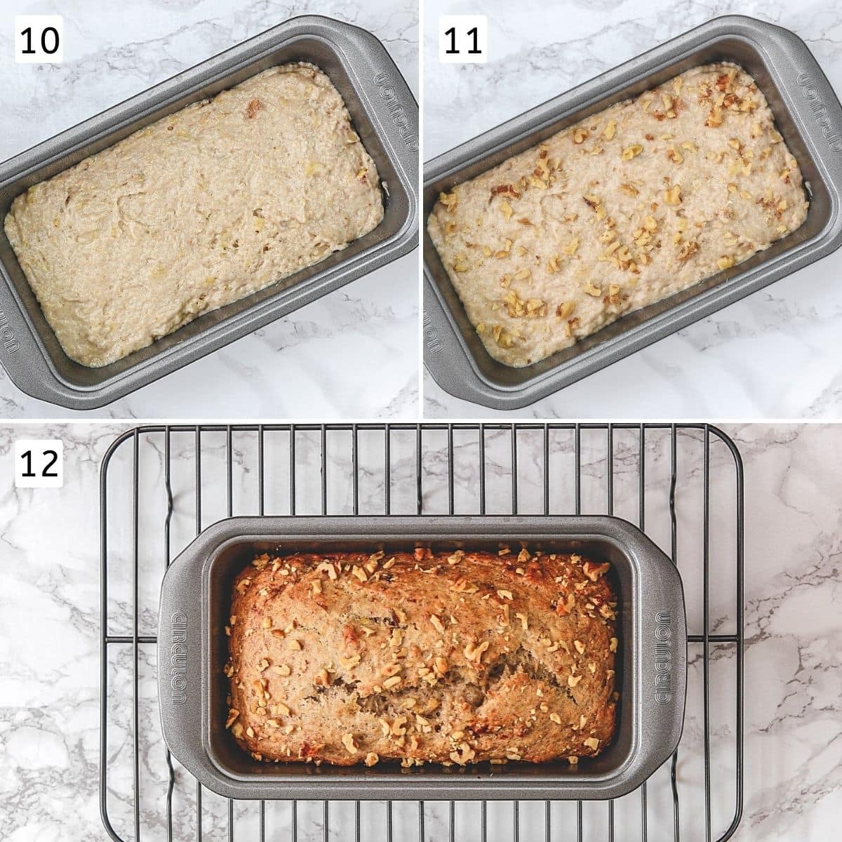 Collage of 3 steps showing batter into the pan, sprinkling walnuts and baked bread.