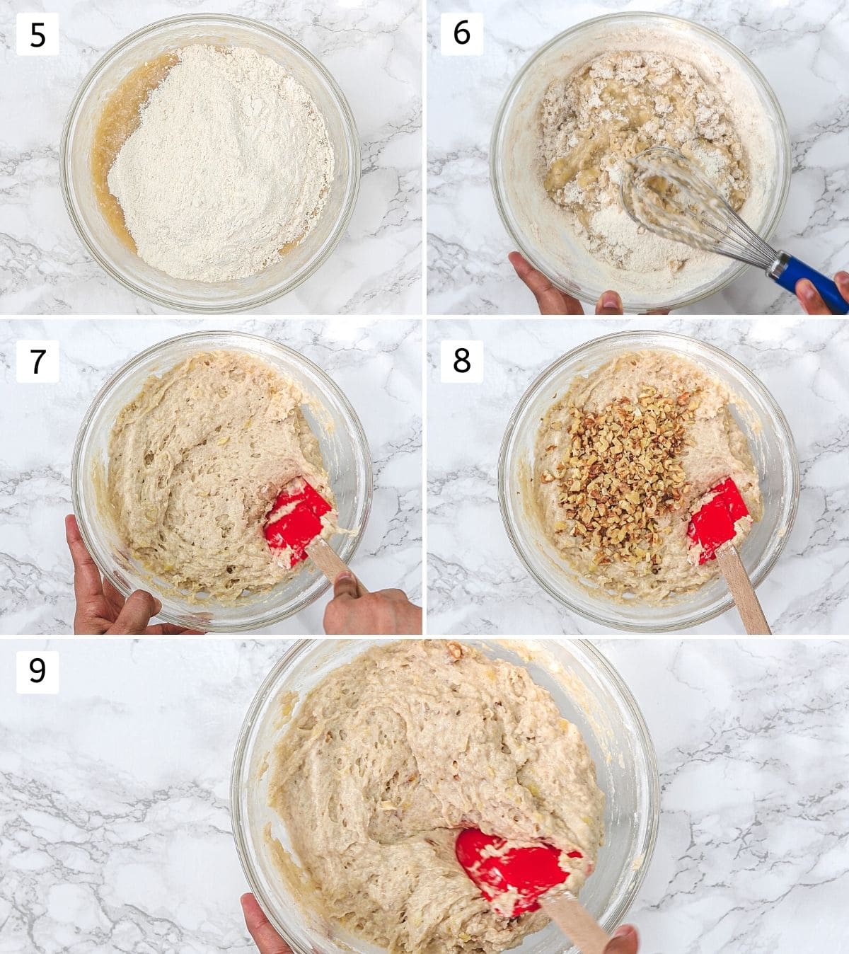 Collage of 5 steps showing adding dry to wet, mixing and folding in walnuts.