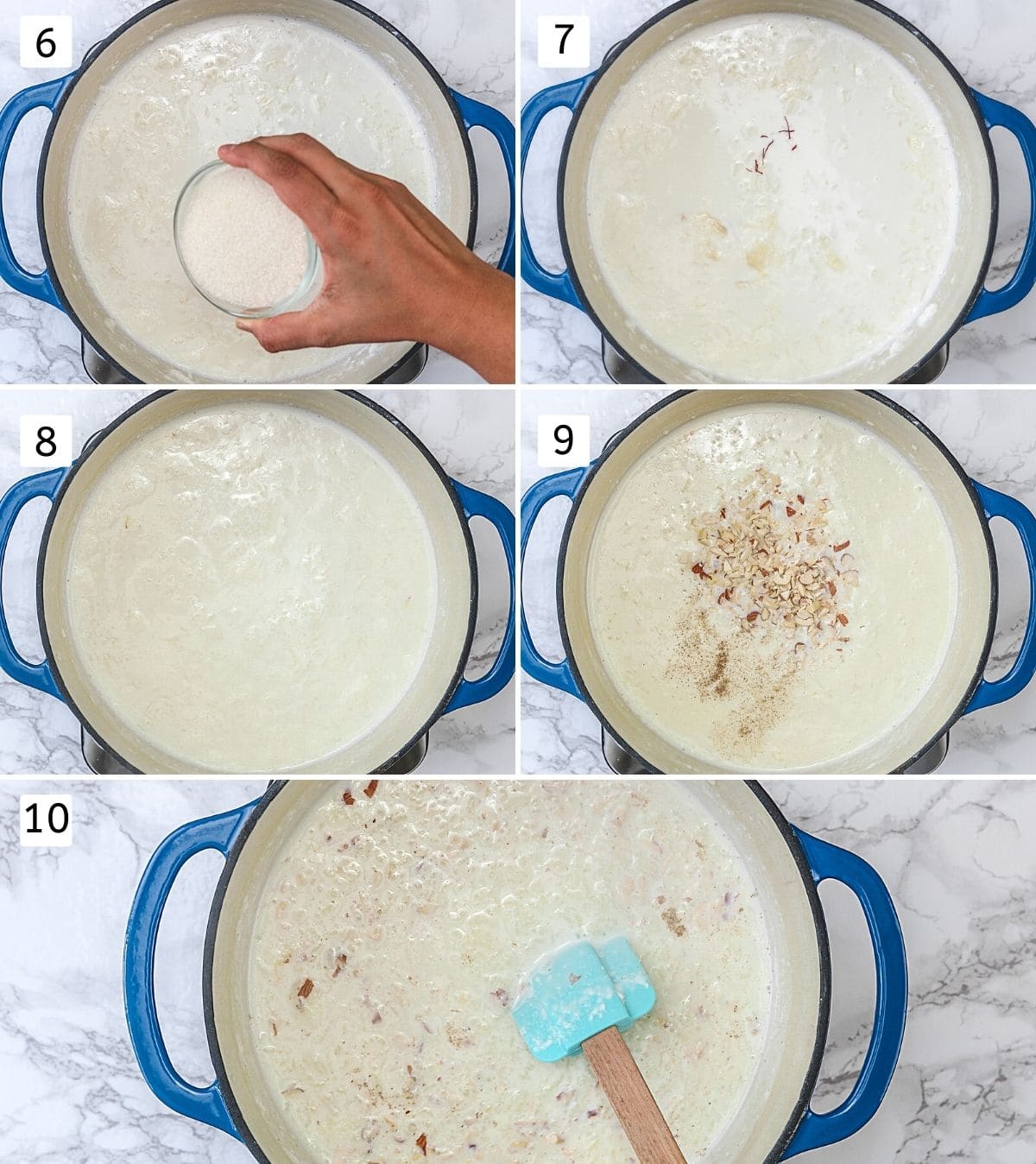 Collage of 5 steps showing adding sugar, saffron and nuts into the simmering kheer.