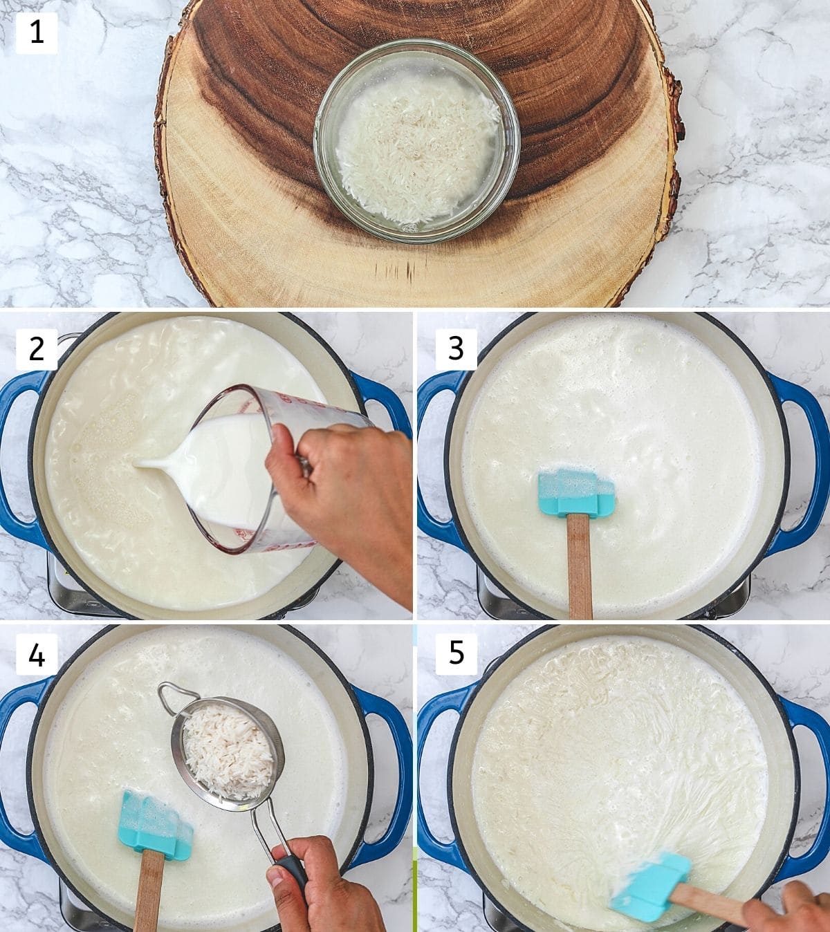 Collage of 5 steps showing soaking rice, simmering milk and adding rice to milk.