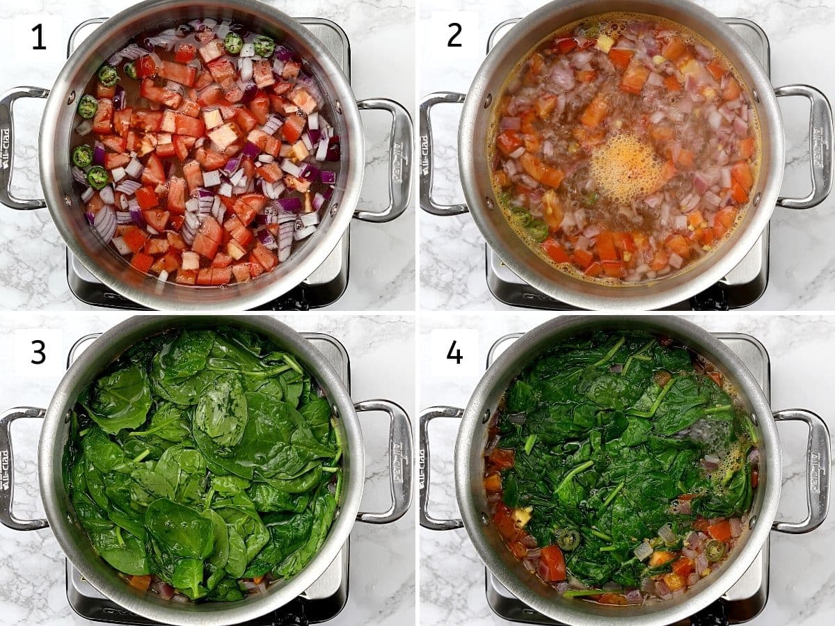Collage of 4 steps showing cooking onion, tomato and spinach mixture in water.