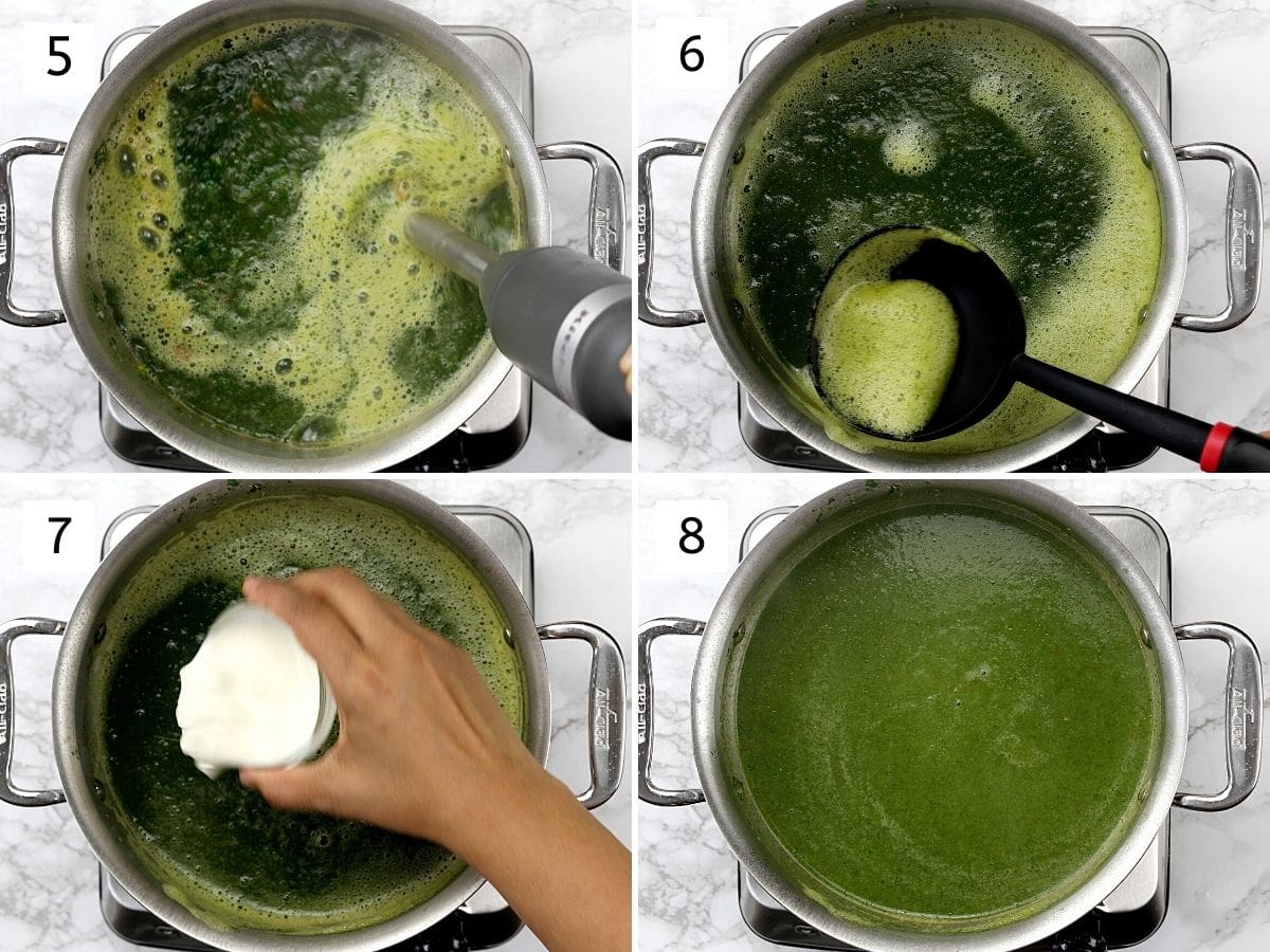 Collage of 4 steps showing grinding the soup, adding cream and mixing.