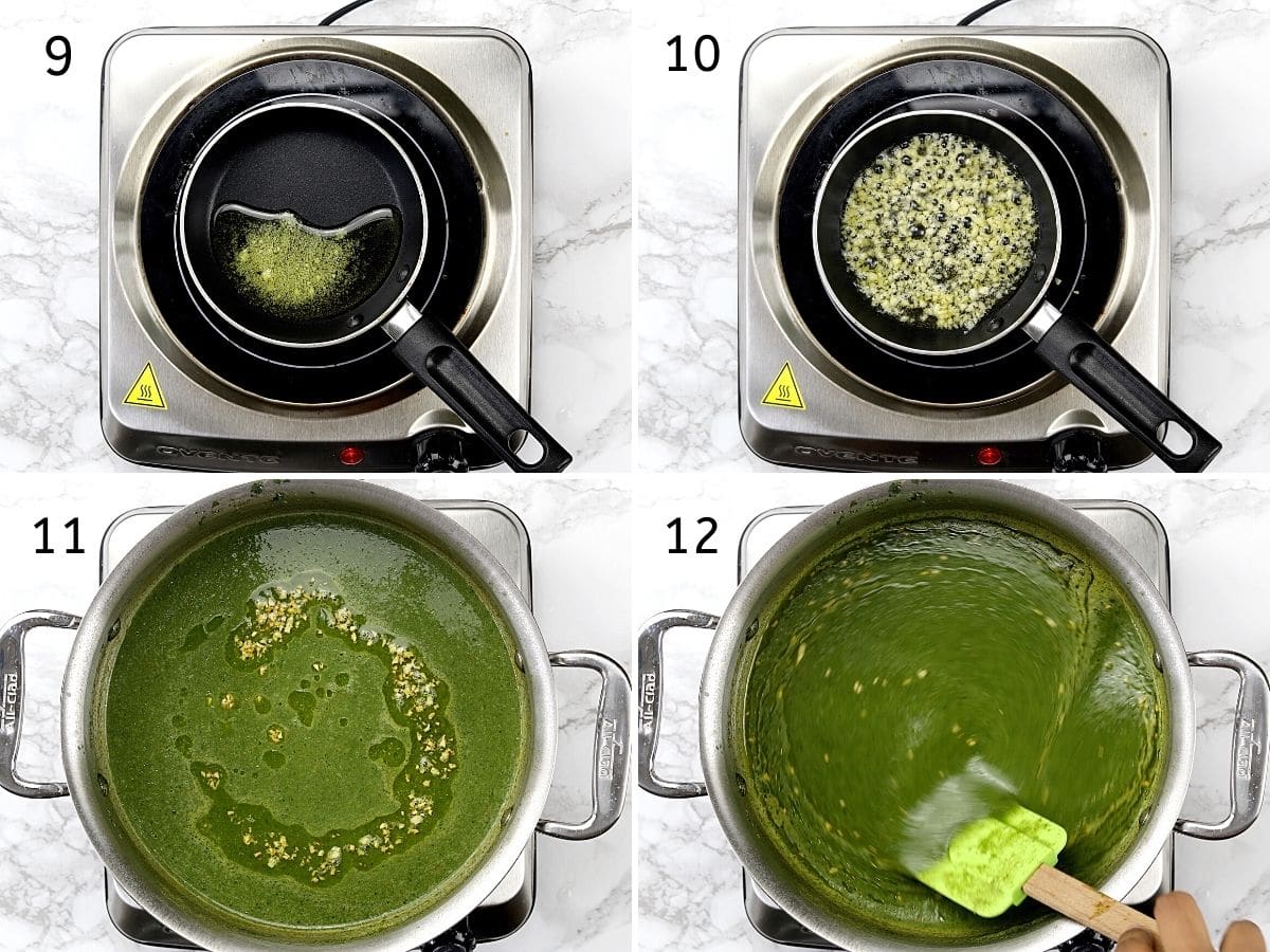 Collage of 4 steps showing sauteeing garlic in ghee, adding and mixing into the soup.