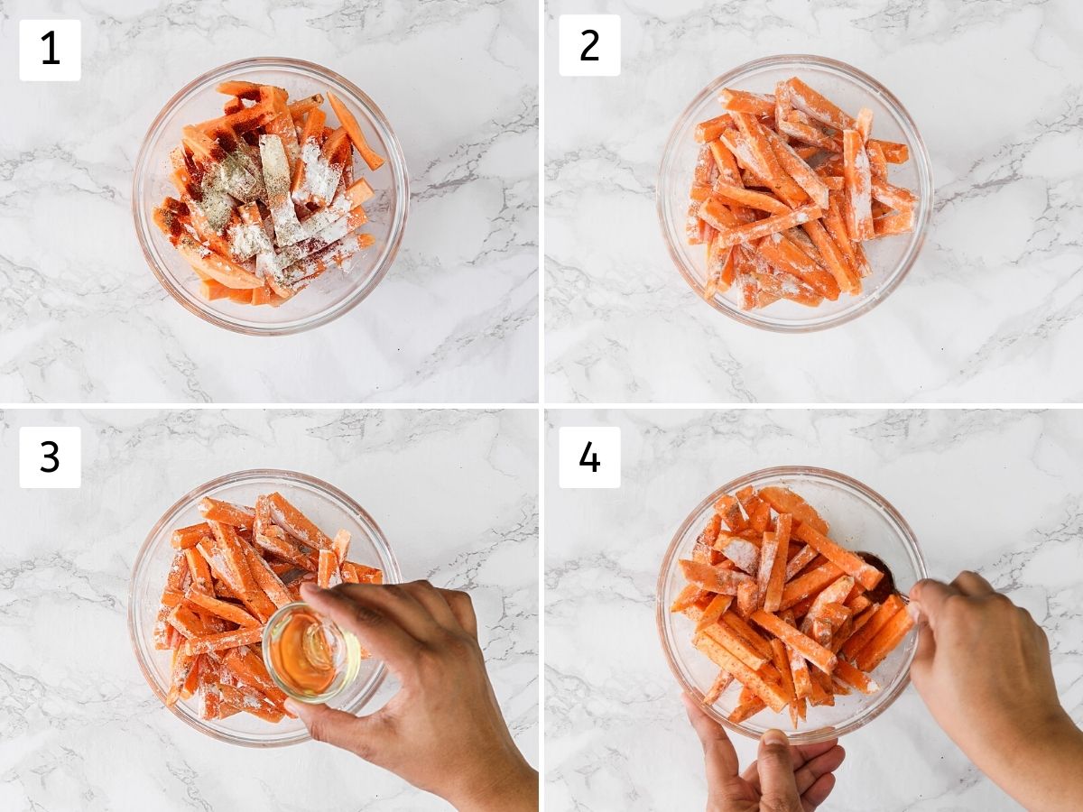 Collage of 4 steps showing tossing fries with cornstarch, seasoning and oil.