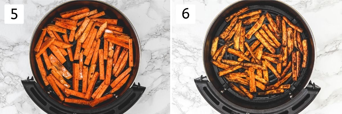 Collage of 2 steps showing sweet potato fries into the air fryer basket and cooked fries.