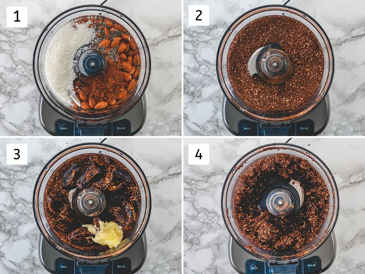 Collage of 4 images showing adding ingredients into the food processor and pulsing it together.