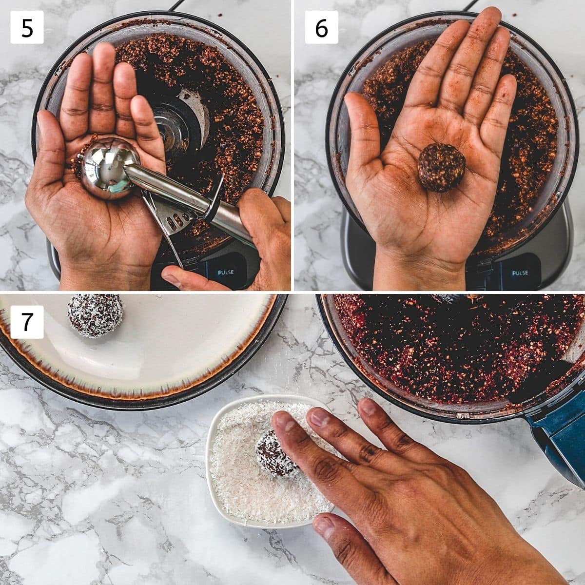 Collage of 3 images showing rolling into balls and coating with desiccated coconut.