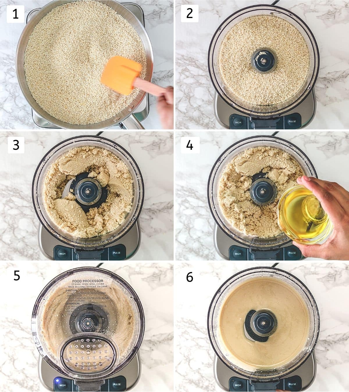 Collage of 6 steps showing roasting sesame seeds, grinding into food processor with oil.