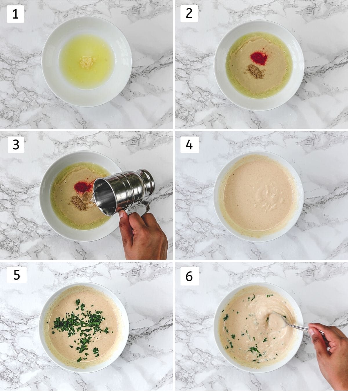 Collage of 6 steps showing adding sauce ingredients in a bowl, mixing to make tahini sauce.