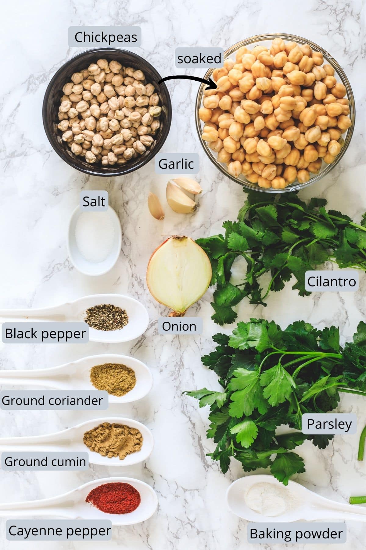 Image of ingredients used in falafel in individual bowls or spoons.