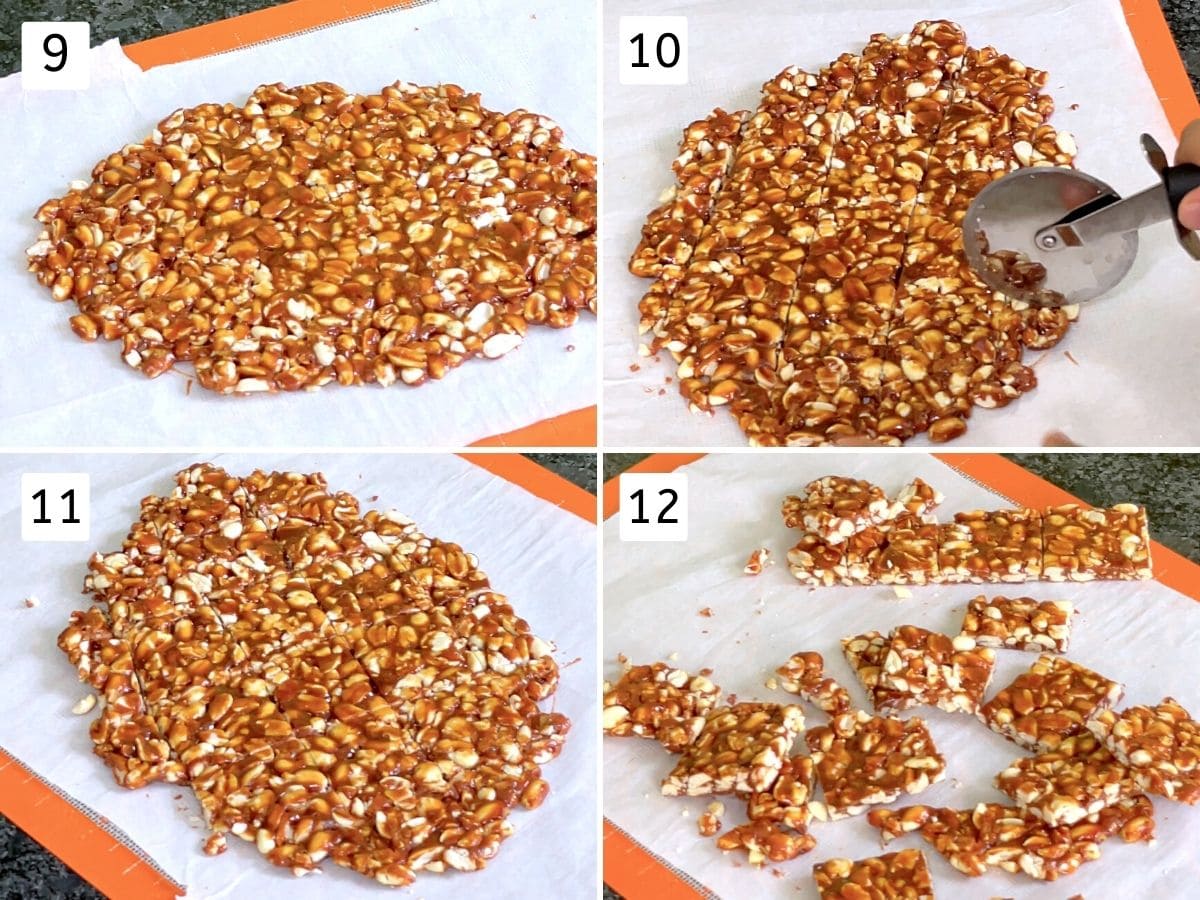 collage of 4 steps showing rolled chikki, cutting and broken into pieces.