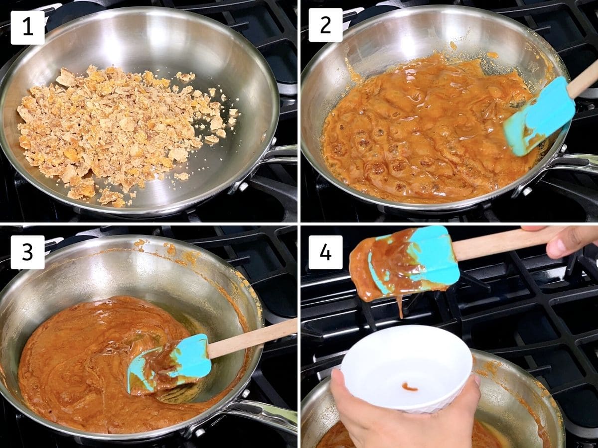 Collage of 4 steps showing making jaggery syrup and checking the syrup consistency.