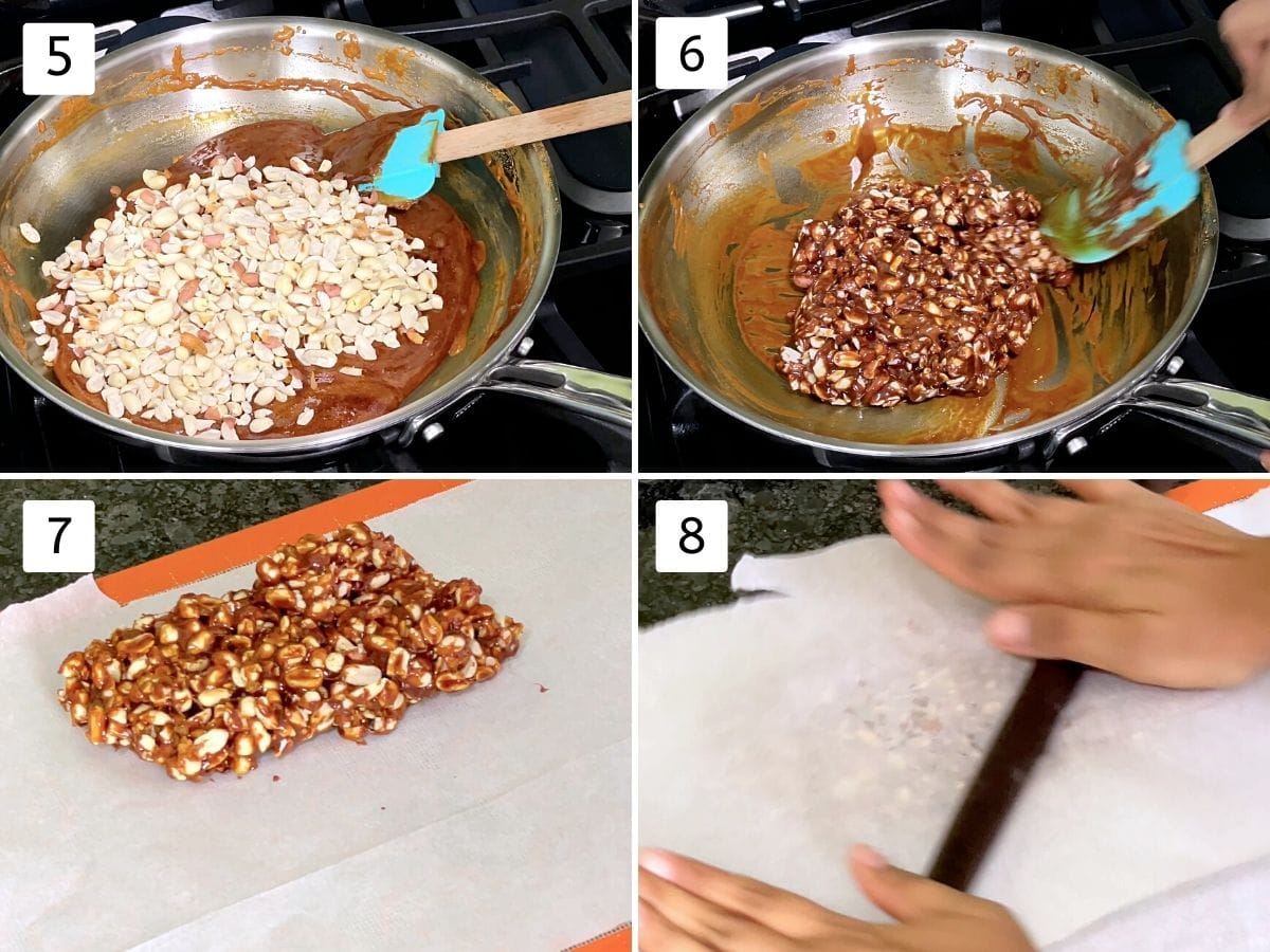 Collage of 4 steps showing adding peanuts to jaggery syrup, mixing and rolling the mixture.