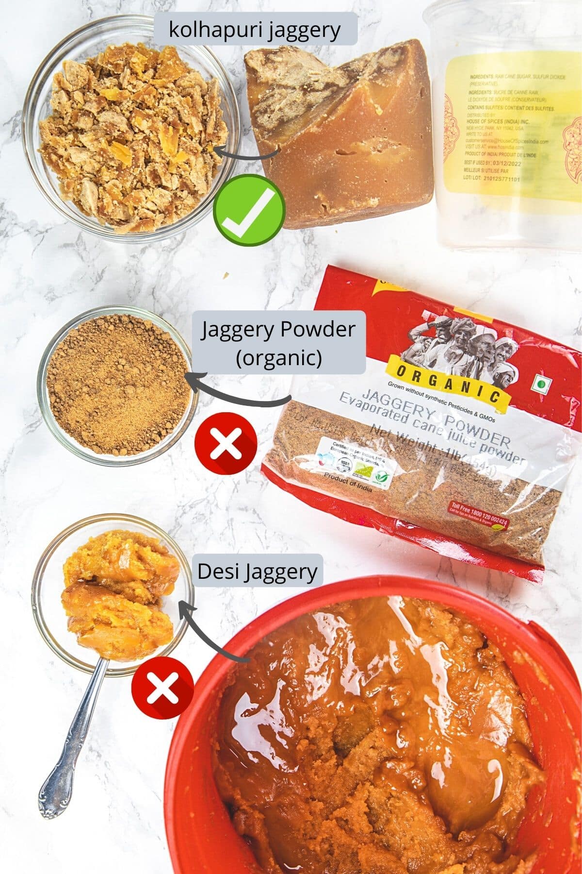 Image of three different types of jaggery.