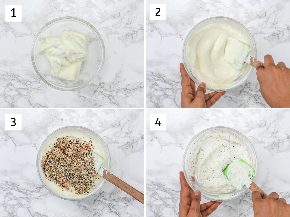 Collage of 4 steps showing mixing cream cheese, sour cream and mixing seasoning.