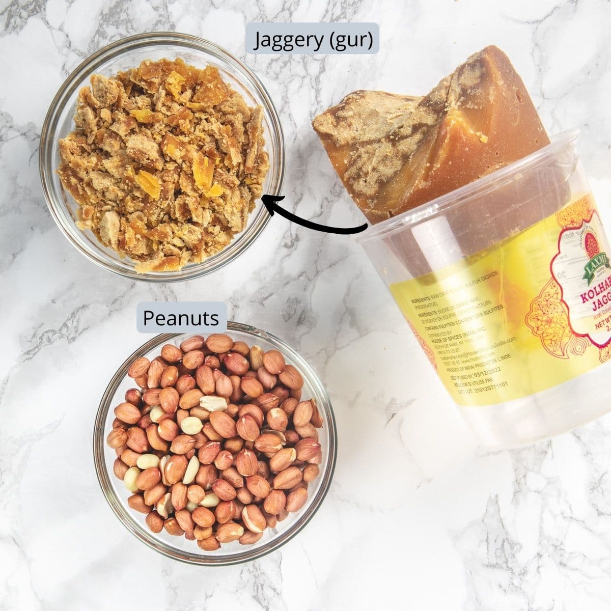 Image of ingredients used in making chikki in indivial bowl and block of jaggery.