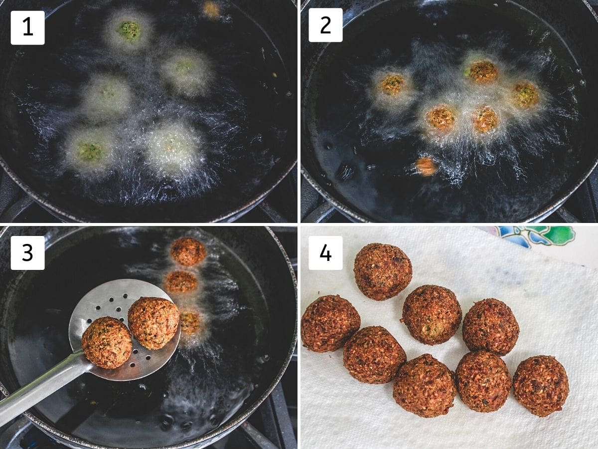 Collage of 4 steps showing deep frying falafel into the oil and removing to a plate.
