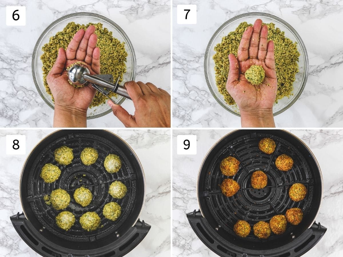 Collage of 4 steps showing shaping falafel ball and placing in air fryer basket and cooked falafel.
