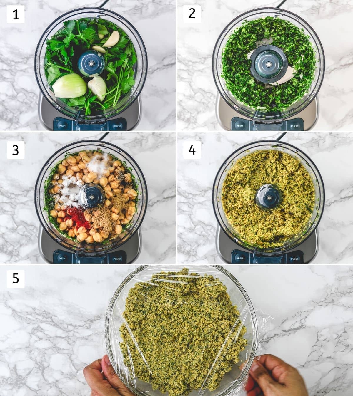 Collage of 5 steps showing making falafel mixture in food processor and removing to a bowl.