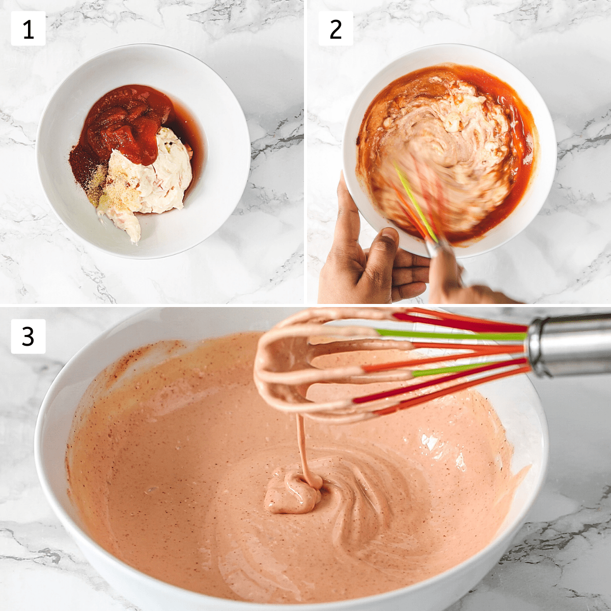 Collage of 3 steps showing adding and mixing the ingredients to make sauce.