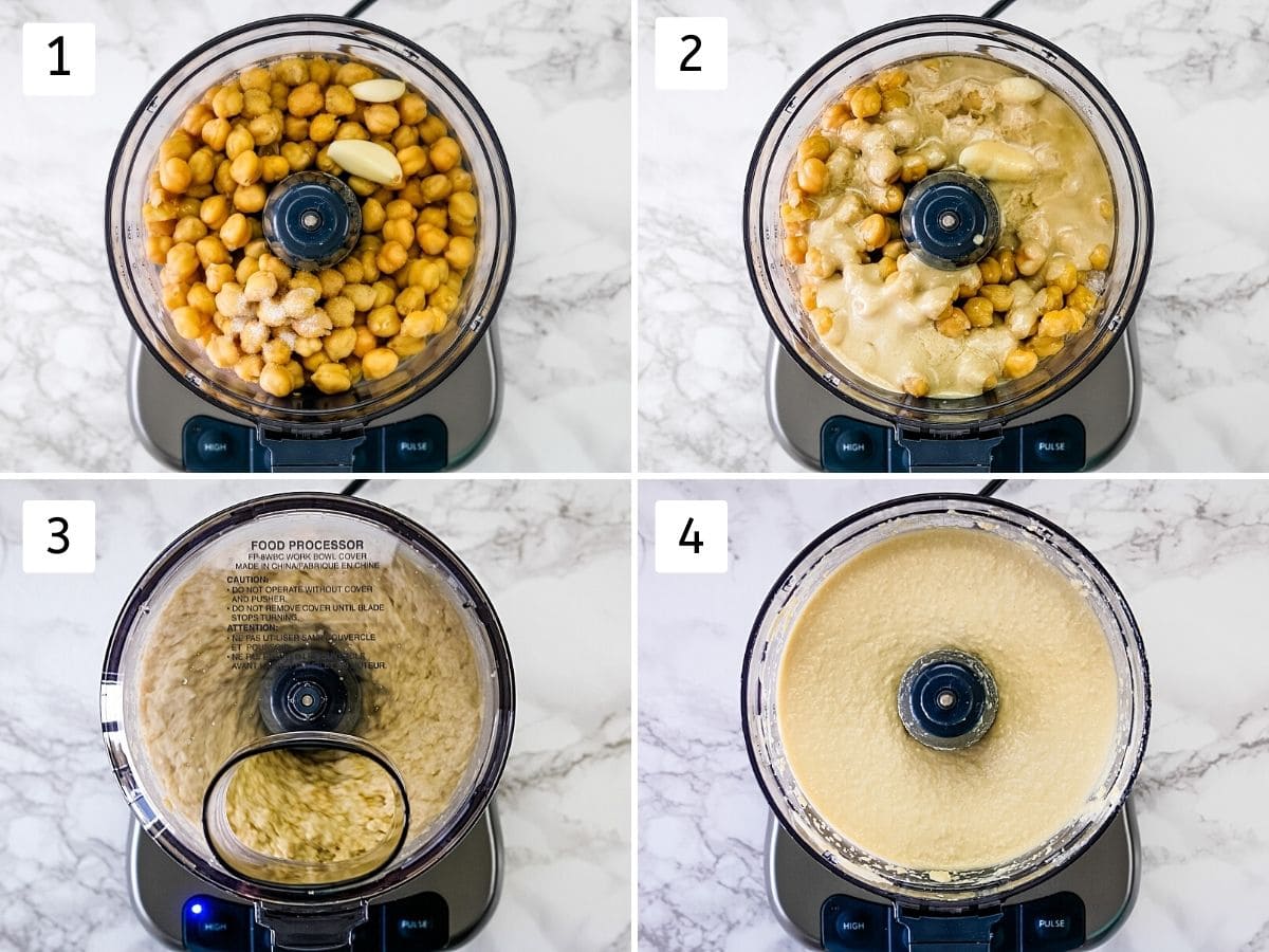 Collage of 4 steps showing humms ingredients in food processore and ready hummus.