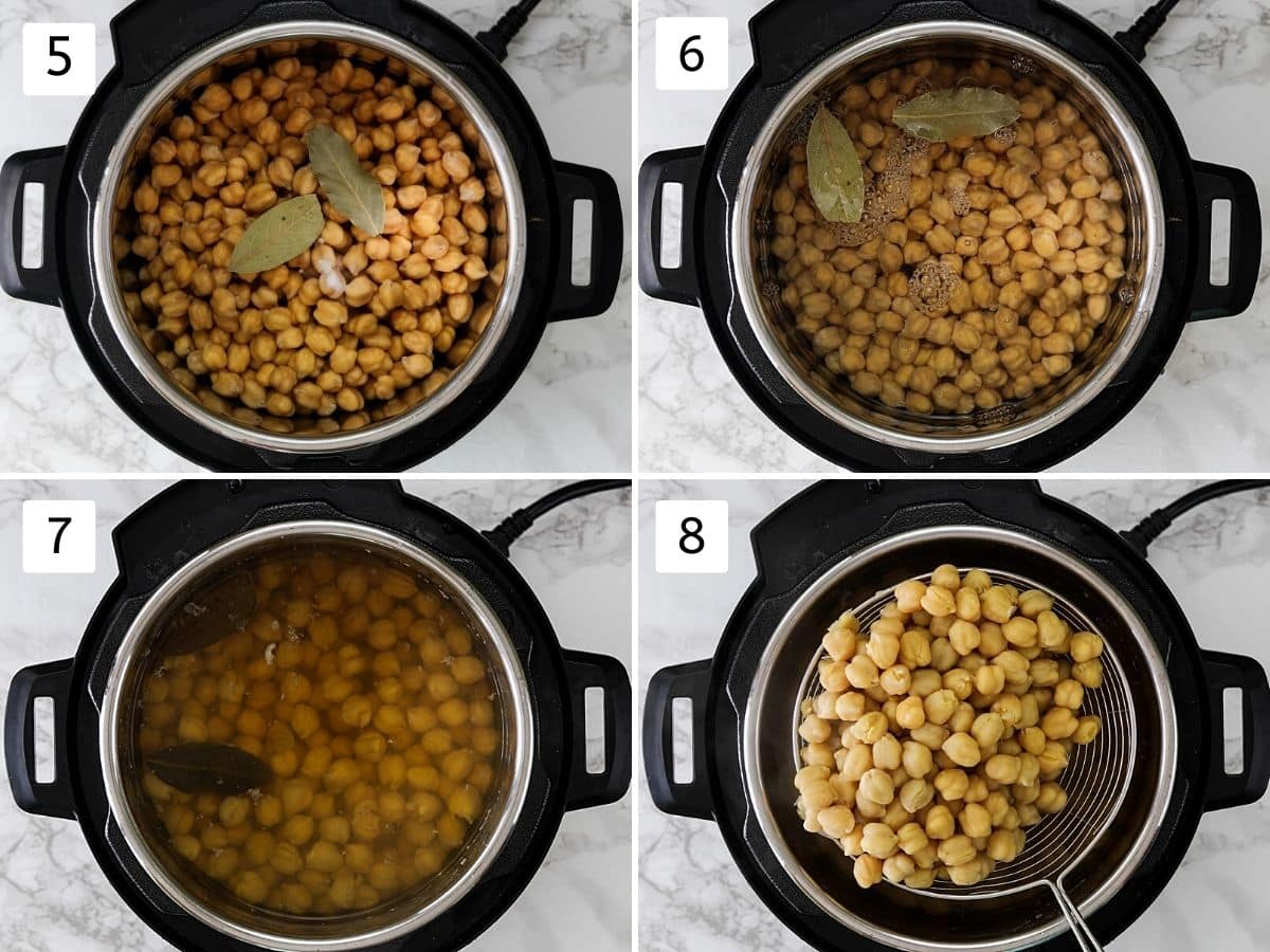 Collage of 4 steps showing soaked chickpeas in instant pot and cooked.