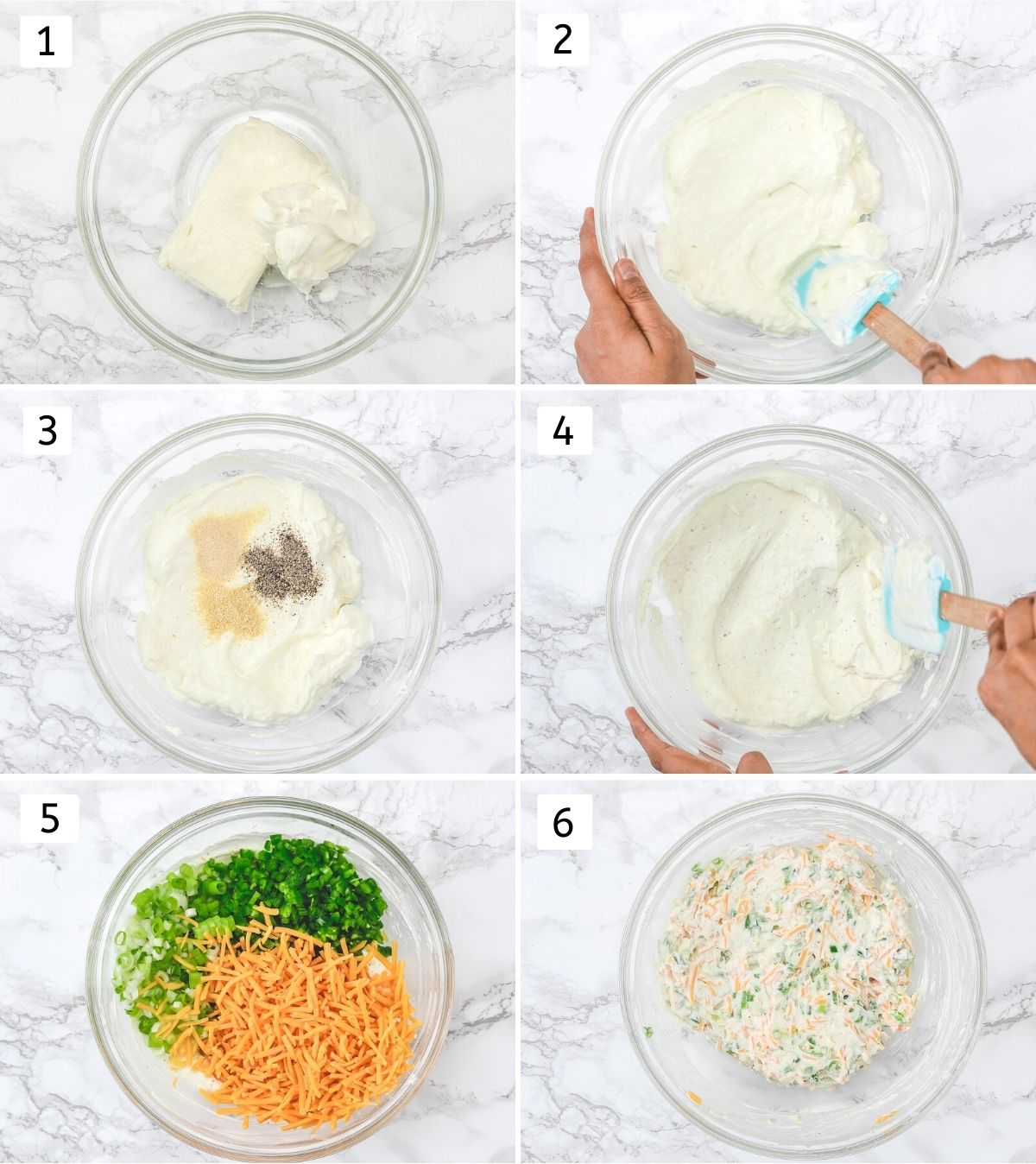 Collage of 6 steps showing beating cream cheese, sour cream mixture, adding rest and mixing.