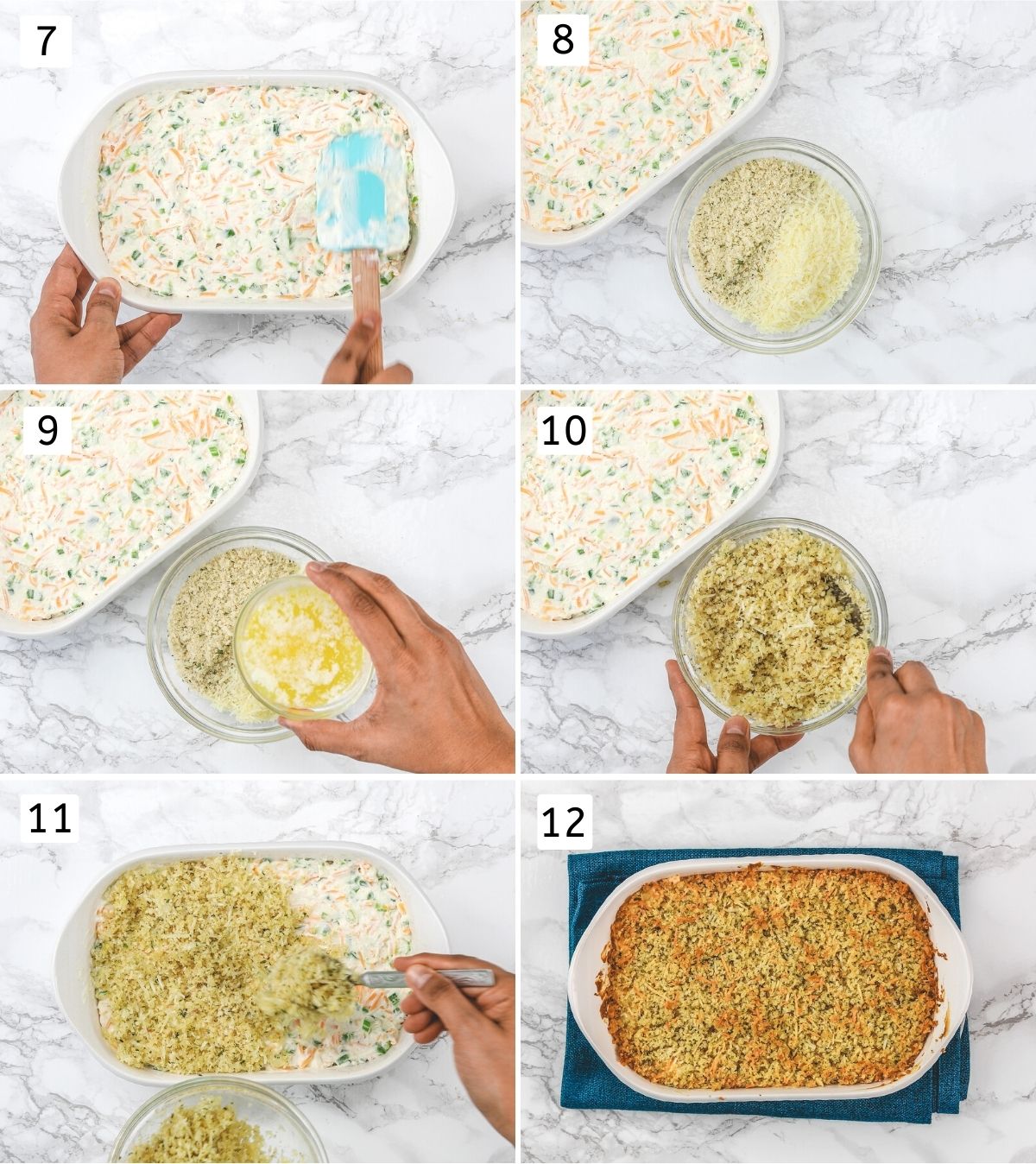 Collage of 6 steps showing dip mixture in a baking dish, sprinkled with bread crumb topping and baked dip.