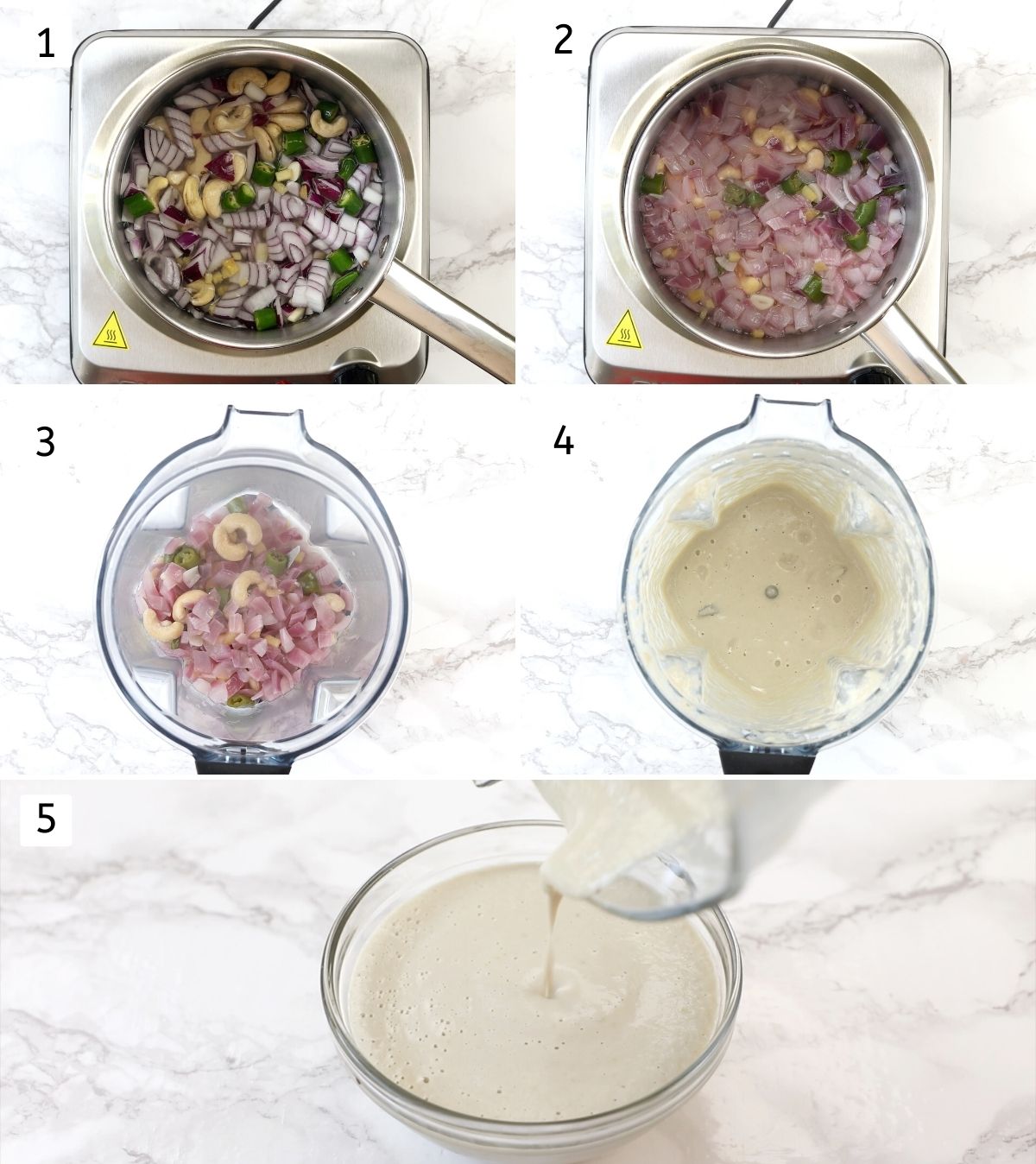 Collage of 5 steps showing cooking onion gravy ingredinets, grinding to make paste.