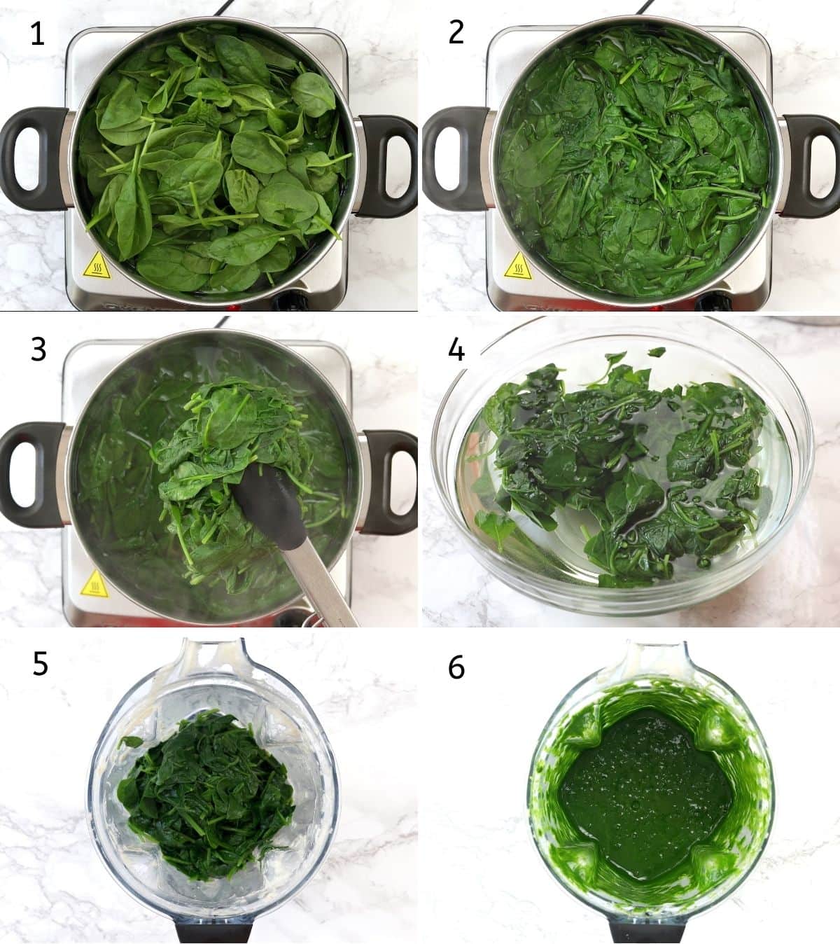 Collage of 6 steps showing blanching spinach, adding into cold water, making puree in blender.