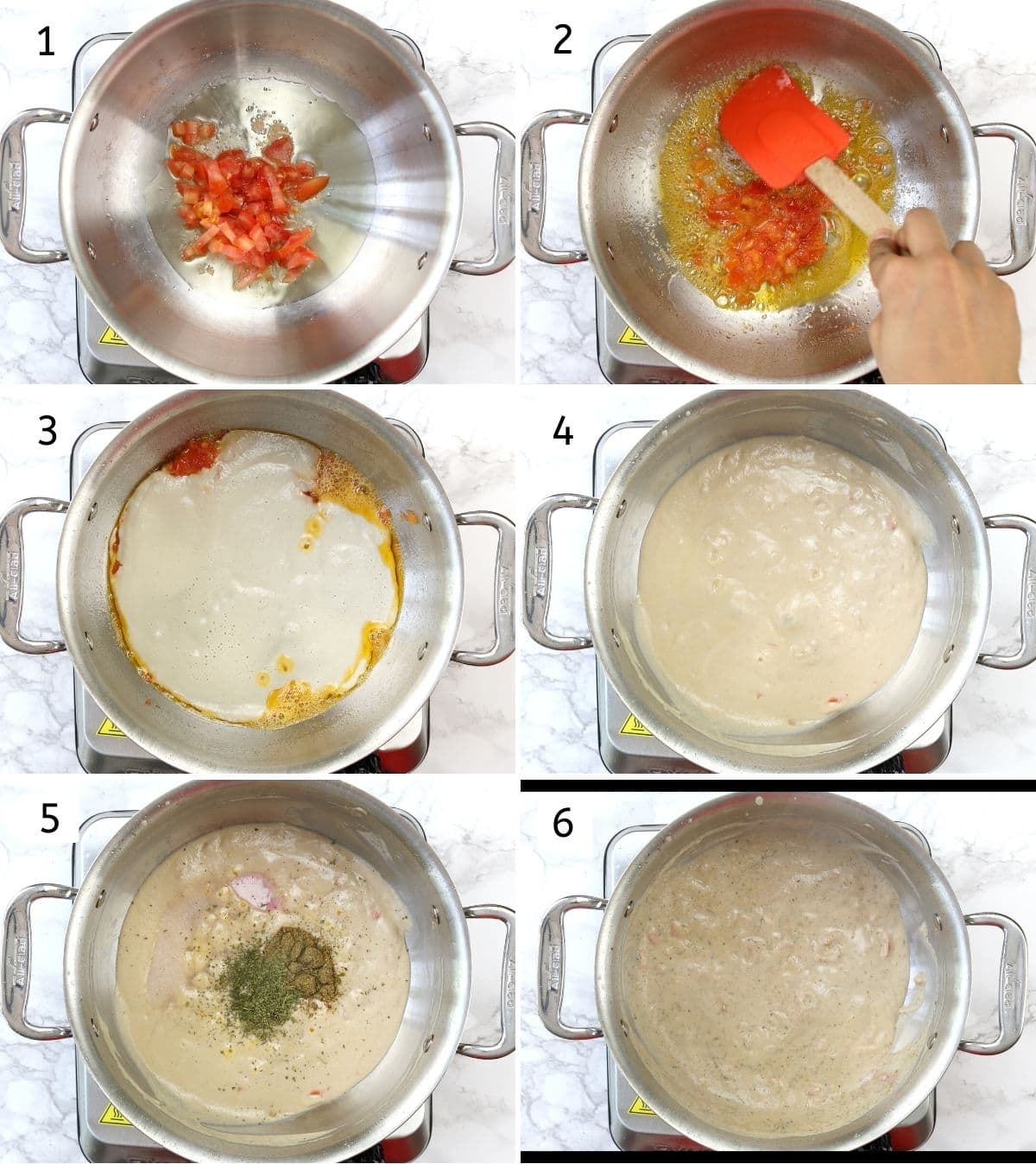 Collage of 6 steps showing cooking tomatoes, mixing onion paste, adding spices and mixing.