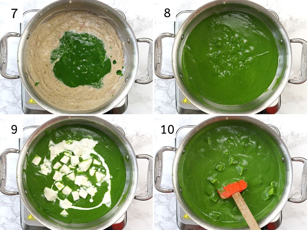 Collage of 4 steps showing mixing in spinach puree, adding paneer, cream and mixing it.