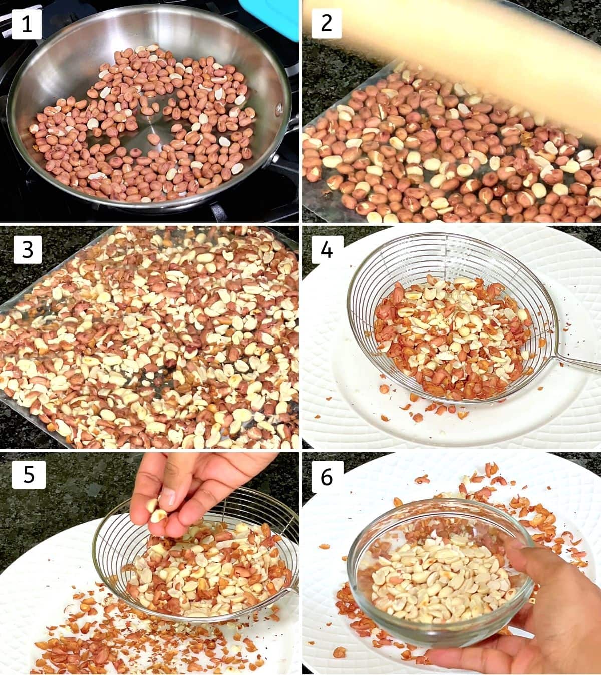 Collage of 6 steps showing roasting peanuts, removing husks and crushing slightly