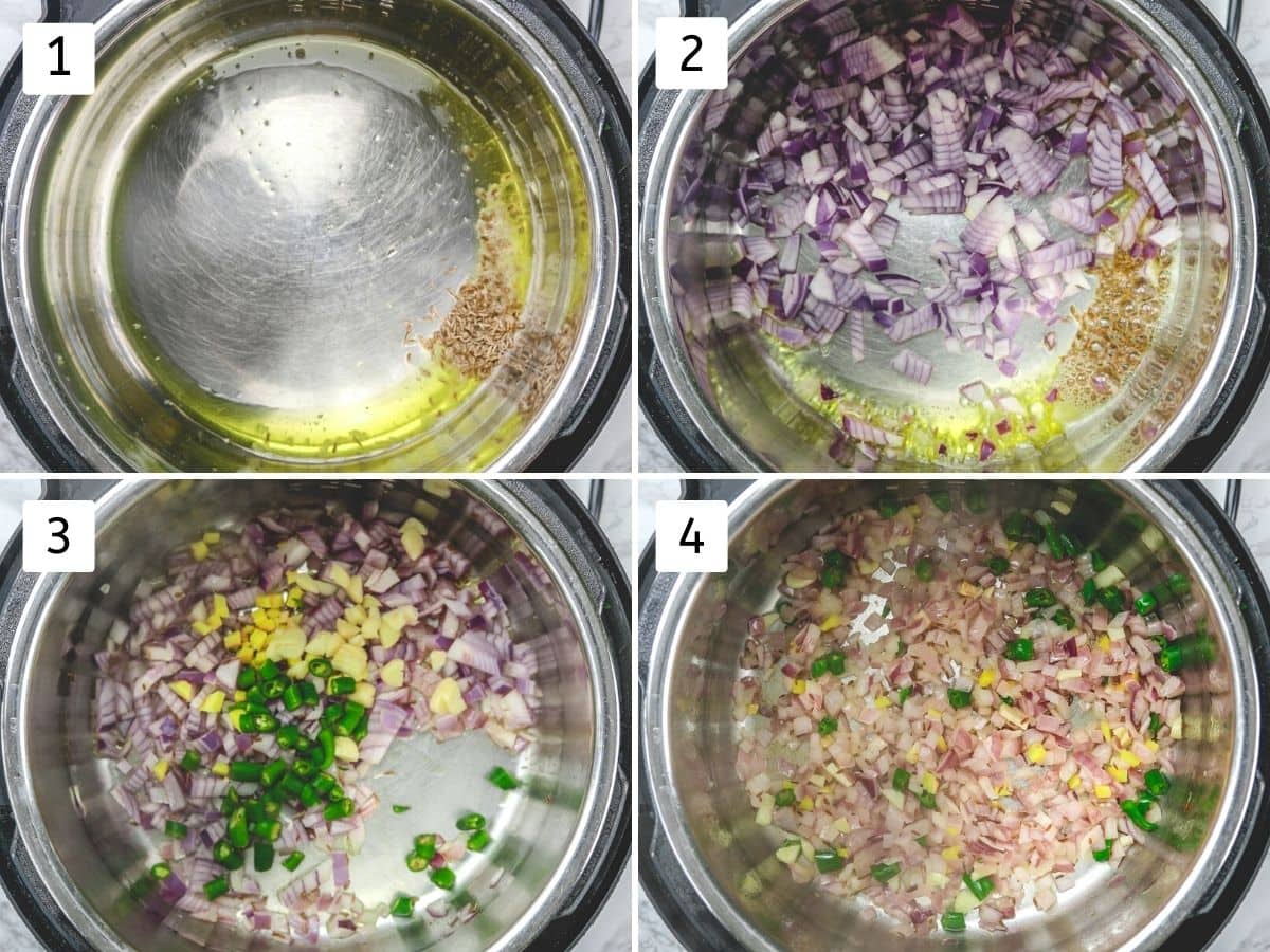 Collage of 4 steps showing cooking onion, ginger, garlic, chilies in instant pot.