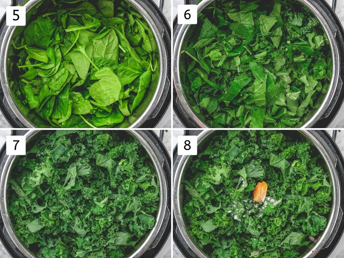 Collage of 4 steps showing leafy greens and rest ingredients added in instant pot.
