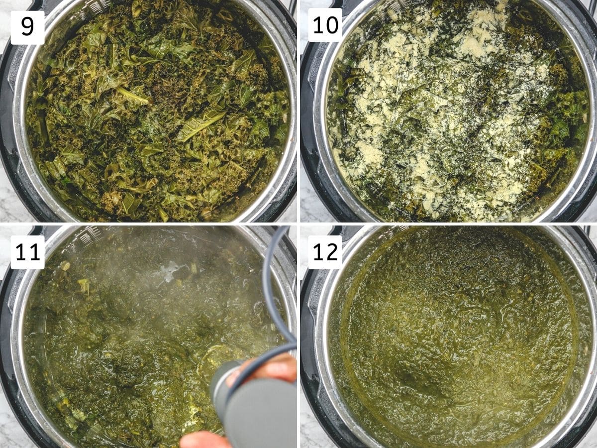 Collage of 4 steps showing cooked greens, adding besan, making coarse paste using hand blender.