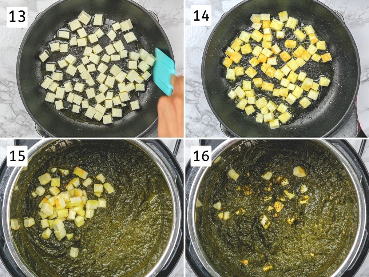 Collage of 4 steps showing pan-frying paneer in ghee and adding into saag gravy.