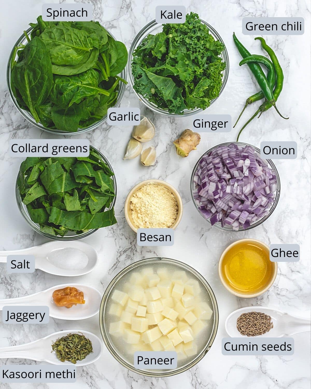 Ingredients used in saag paneer in individual bowls and spoons.