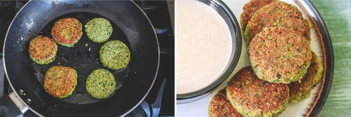 Collage of 2 images showing shallow frying falafel patties in a pan and ready falafel served in a plate.