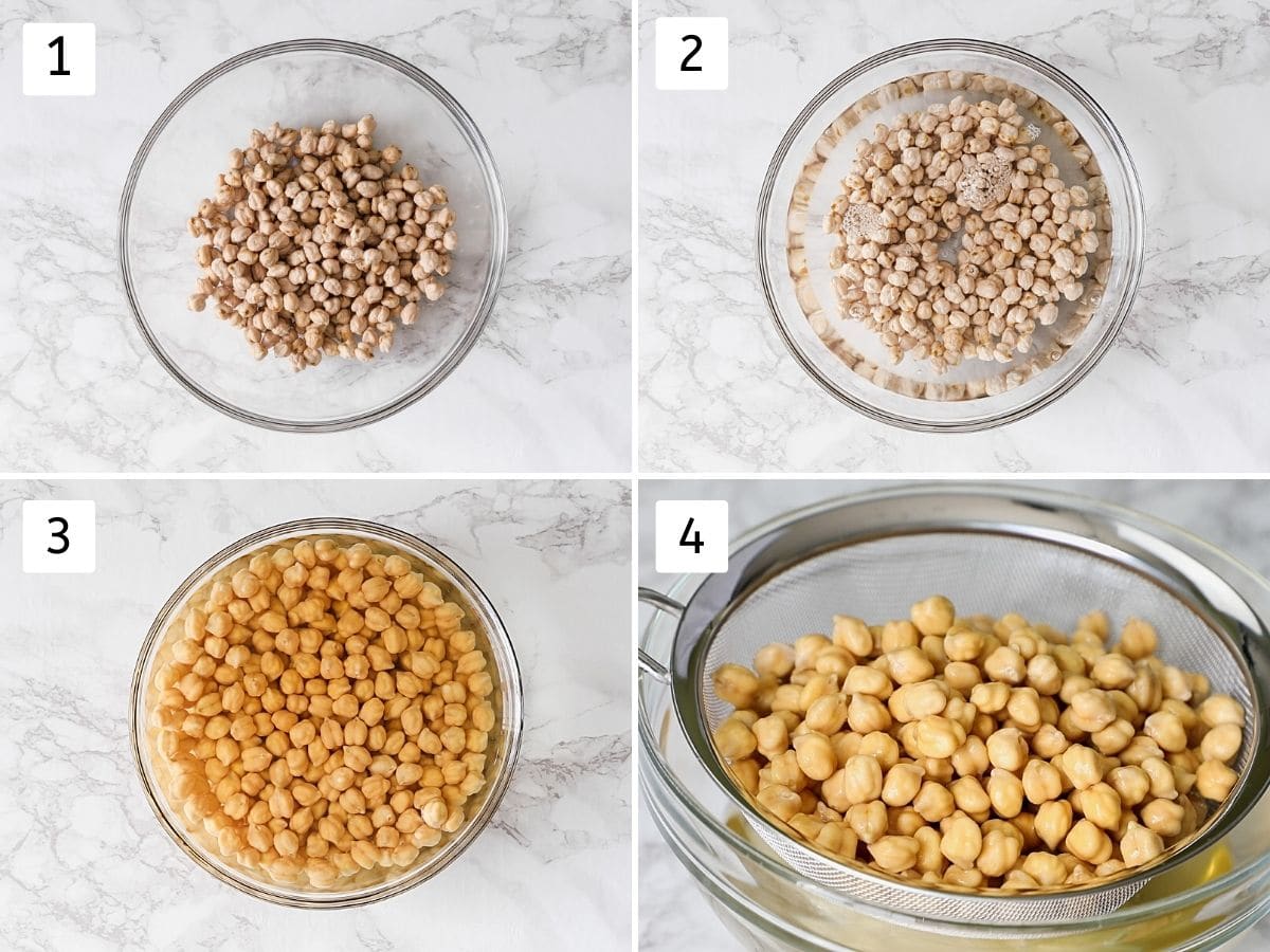 Collage of 4 steps showing soaking chickpeas in water and soaked chickpeas in a colander.